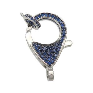 copper Lobster Clasp paved blue zircon, platinum plated, approx 16-22mm