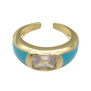 copper Ring paved zircon with teal enamel, gold plated, approx 8mm, 18mm dia