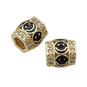 copper Tube beads paved zircon with black enamel smileface, gold plated, approx 9.5mm, 4mm hole