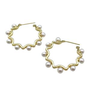 copper Stud Earring with pearlized glass, gold plated, approx 30mm dia