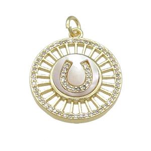 copper circle pendant pave shell, gold plated, approx 20mm dia