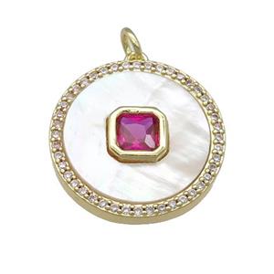 copper circle pendant pave shell, hotpink zircon, gold plated, approx 20mm dia