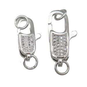 copper Lobster Clasp paved zircon, platinum plated, approx 7-22mm