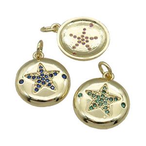 copper circle Star pendant pave zircon, gold plated, mixed, approx 15mm dia
