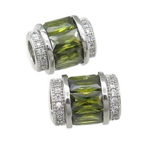 copper tube beads pave green zircon, platinum plated, approx 9-12mm, 5mm hole