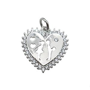 copper Heart pendant pave zircon, couple, platinum plated, approx 16mm