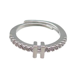 copper Ring pave zircon, letter-H, adjustable, platinum plated, approx 18mm dia