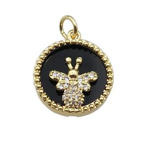 copper circle pendant pave zircon black stone Honeybee gold plated, approx 16mm dia