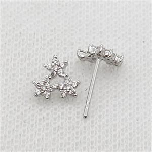 Copper Stud Earring Pave Zircon Star Platinum Plated, approx 8mm