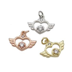 Copper Angel Wing Pendant Pave Zircon Heart Mixed, approx 9-14.5mm