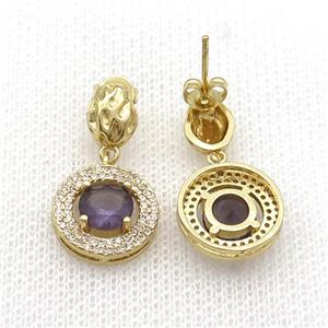 Copper Stud Earring Pave Zircon Purple Crystal Gold Plated, approx 14mm, 7-9mm