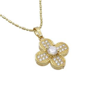 Copper Necklace With Clover Pave Zircon Gold Plated, approx 18mm, 45-50cm length