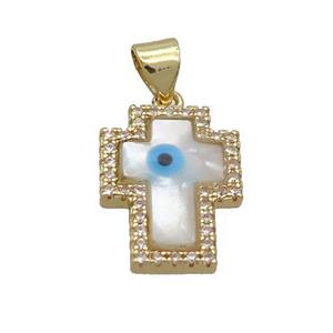 Copper Cross Pendant Pave Shell Evil Eye Gold Plated, approx 12-16mm