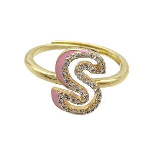 Copper Ring Pave Zircon S-Letter Adjustable Enamel Gold Plated, approx 10-14mm, 18mm dia
