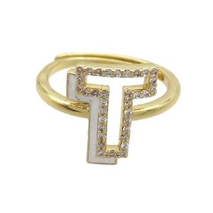 Copper Ring Pave Zircon T-Letter Adjustable Enamel Gold Plated, approx 10-14mm, 18mm dia