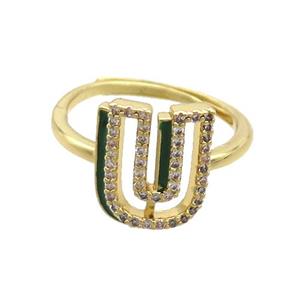 Copper Ring Pave Zircon U-Letter Adjustable Enamel Gold Plated, approx 10-14mm, 18mm dia
