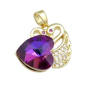 Copper Swan Pendant Pave Crystal Glass Zircon Heart Gold plated, approx 14mm, 20-23mm