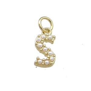 Copper Letter-S Pendant Pave Pearlized Resin Gold Plated, approx 3-10mm