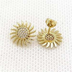 Copper Stud Earrings Pave Zircon Sun Gold Plated, approx 14mm