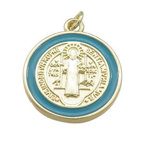 Copper Jesus Pendant Religious Medal Charms Green Enamel Circle Gold Plated, approx 20mm