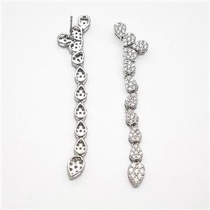 Copper Stud Earrings Micro Pave Zirconia Teardrop Link Stick Platinum Plated, approx 6-8mm, 60mm length