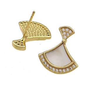 Copper Stud Earrings Pave Shell Zircon Fan 18K Gold Plated, approx 14-16.5mm