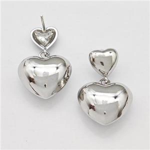 Copper Heart Stud Earrings Platinum Plated, approx 10mm, 18mm