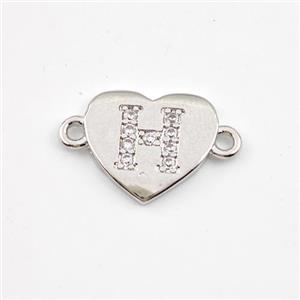 Copper Heart Connector Pave Zirconia Letter-H Platinum Plated, approx 12mm