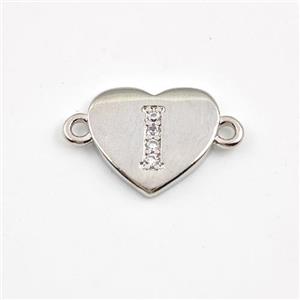 Copper Heart Connector Pave Zirconia Letter-I Platinum Plated, approx 12mm