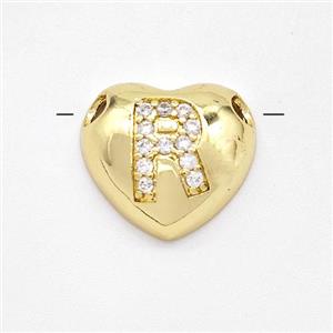 Copper Heart Pendant Pave Zirconia Letter-R Large Hole Gold Plated, approx 16mm, 3mm hole