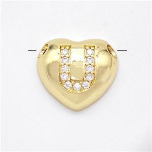 Copper Heart Pendant Pave Zirconia Letter-U Large Hole Gold Plated, approx 16mm, 3mm hole