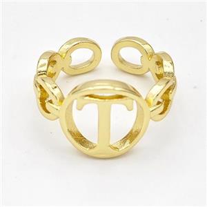 Copper Ring With Letter-T Gold Plated, approx 13mm, 18mm dia
