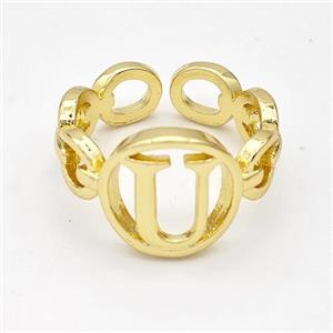 Copper Ring With Letter-U Gold Plated, approx 13mm, 18mm dia