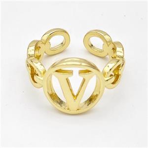 Copper Ring With Letter-V Gold Plated, approx 13mm, 18mm dia