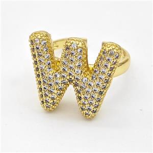 Copper Ring Pave Zirconia Letter-W Gold Plated, approx 14-19mm, 18mm dia