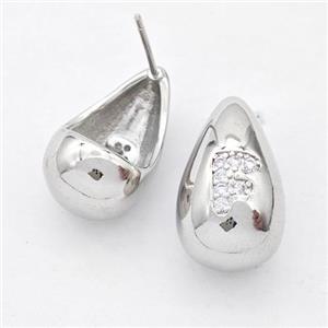 Copper Teardrop Stud Earring Pave Zirconia Letter-F Platinum Plated, approx 11-18mm