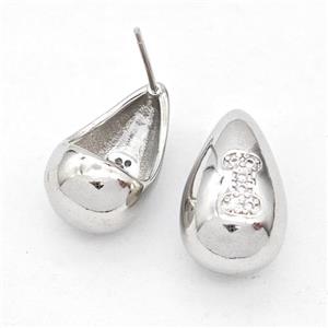 Copper Teardrop Stud Earring Pave Zirconia Letter-I Platinum Plated, approx 11-18mm