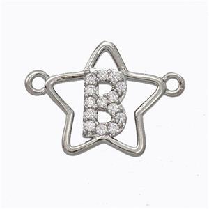 Copper Star Pendant Pave Zirconia Letter-B Platinum Plated, approx 16mm