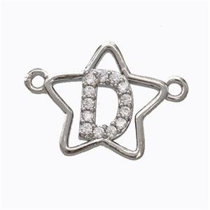 Copper Star Pendant Pave Zirconia Letter-D Platinum Plated, approx 16mm
