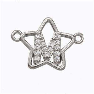 Copper Star Pendant Pave Zirconia Letter-M Platinum Plated, approx 16mm