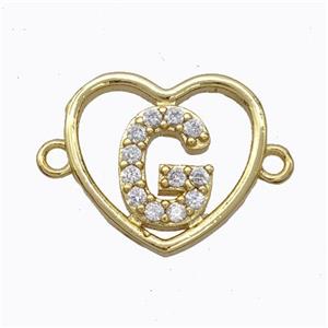 Copper Heart Connector Pave Zirconia Letter-G Gold Plated, approx 15.5mm