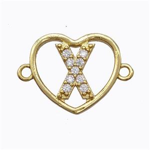 Copper Heart Connector Pave Zirconia Letter-X Gold Plated, approx 15.5mm