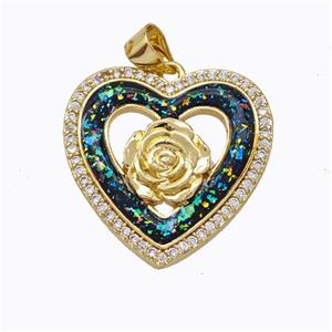 Copper Heart Pendant Micropave Zirconia Multicolor Fire Opal Flower 18K Gold Plated, approx 22mm