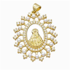 Virgin Mary Charms Copper Pendant Pave Zirconia Shell Resin 18K Gold Plated, approx 25-30mm