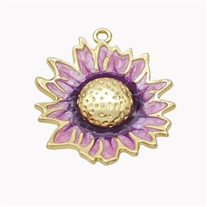 Copper Sunflower Pendant Purple Enamel Gold Plated, approx 25-27mm
