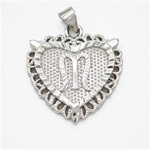 Copper Heart Pendant Letter-M Platinum Plated, approx 22mm