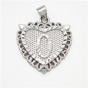 Copper Heart Pendant Letter-O Platinum Plated, approx 22mm