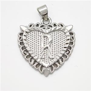 Copper Heart Pendant Letter-R Platinum Plated, approx 22mm