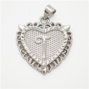 Copper Heart Pendant Letter-T Platinum Plated, approx 22mm