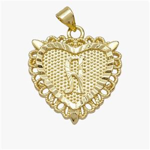 Copper Heart Pendant Letter-A Gold Plated, approx 22mm